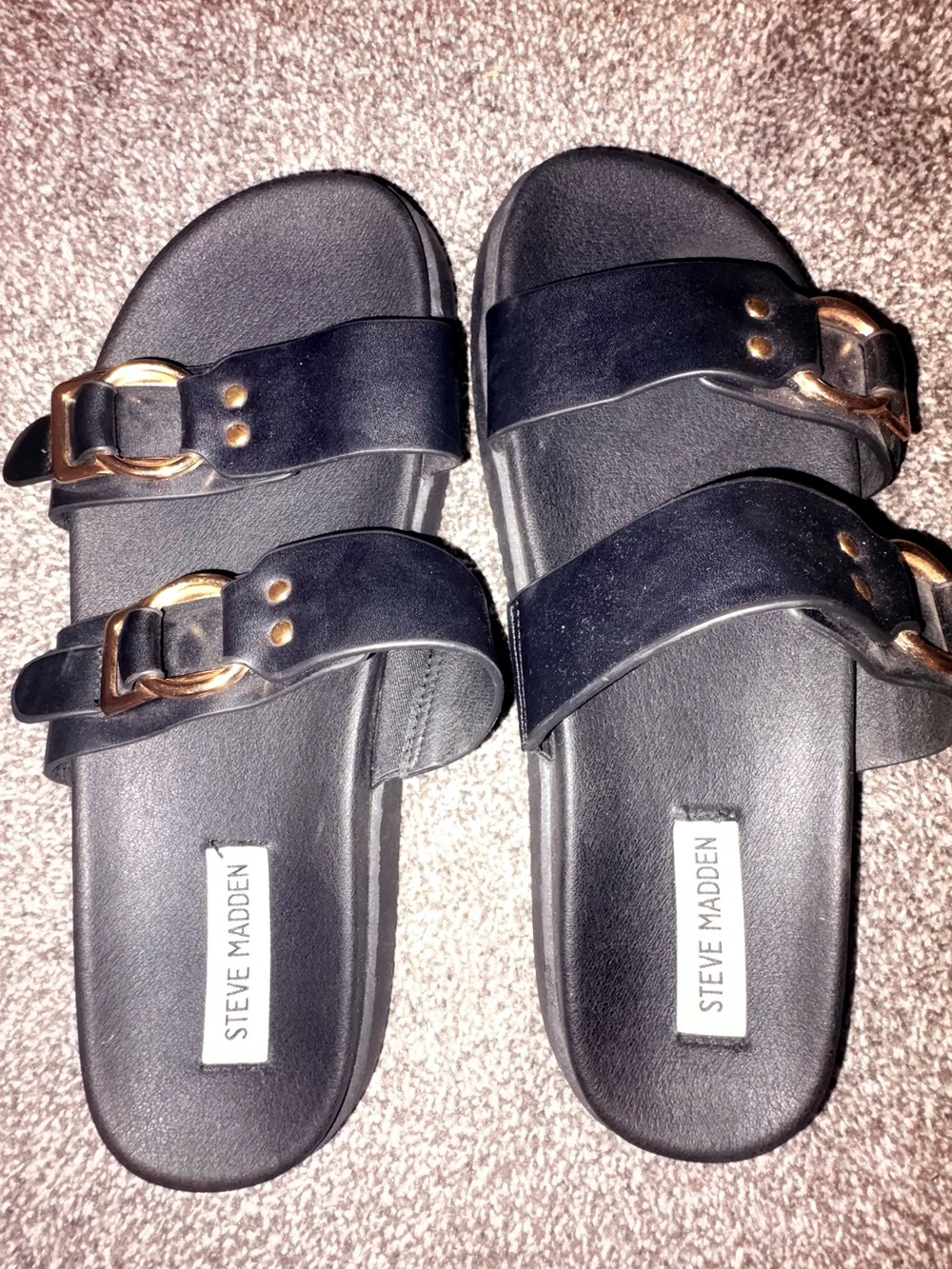 Steve Madden Black Slide Sandals with Gold Buckle Accents